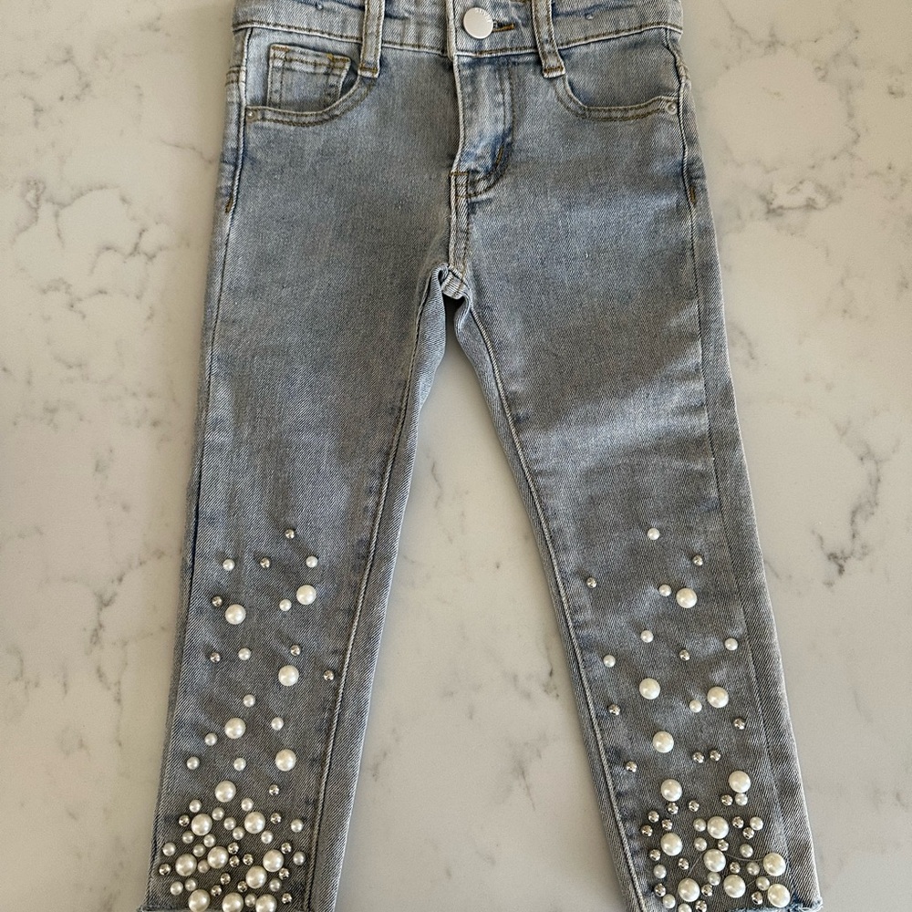 Toddler Girl Light Gray Skinny Jeans with Pearl Details